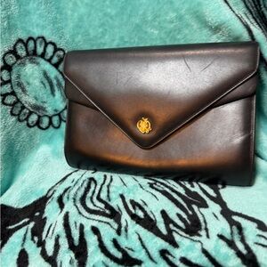 Black Leather Envelope Clutch with Gold Emblem